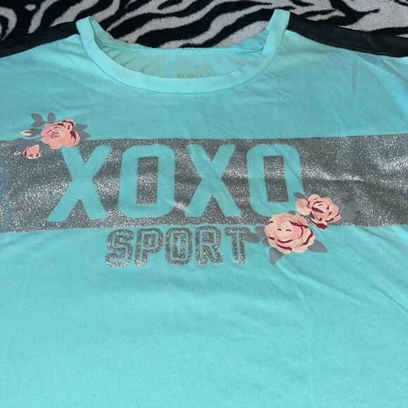 Xoxo sport little girls roses teal silver glitter mesh shoulder shirt sleeve top - Picture 4 of 11